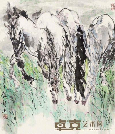 刘勃舒 壬申（1992）年作 四骏图 立轴 79.5×68cm