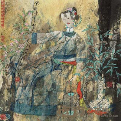 徐惠泉 癸酉（1993）年作 纨扇仕女 镜片 68×68cm
