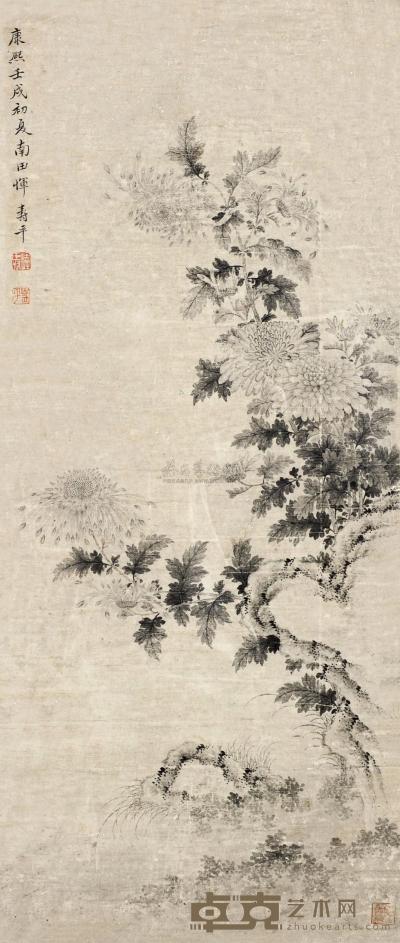 恽寿平 壬戌（1682）年作 墨菊图 镜框 81×33cm