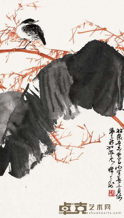 韩天衡 丙寅（1986）年作 枝头小憩 镜片 67×39cm