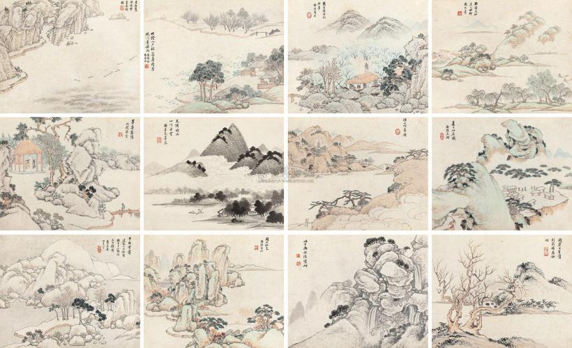 文鼎 道光乙巳（1845年）作 山水 册页 （十二开）