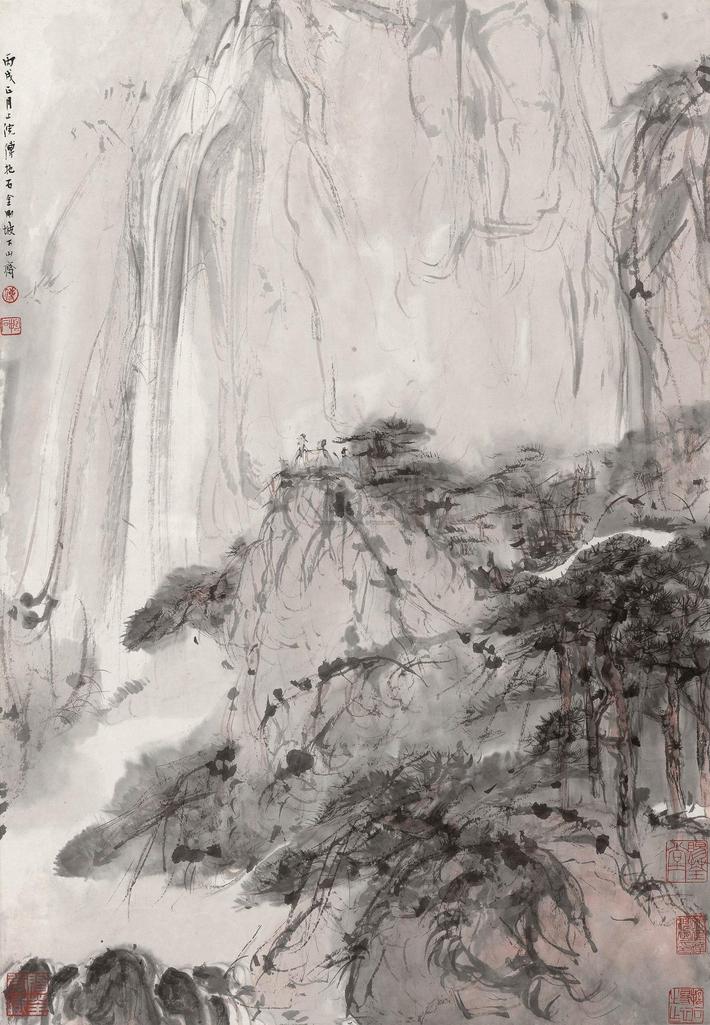 傅抱石 丙戌（1946年）作 松山观瀑 镜心