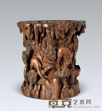 清 嬉鹿图笔筒 高14cm；重377g