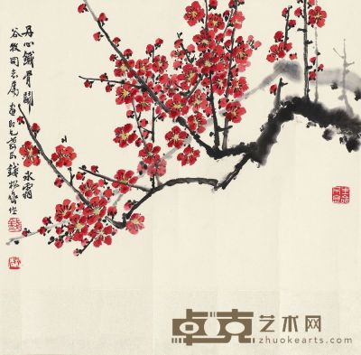 钱松嵒 红梅报春 镜片 30×37cm