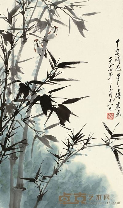 唐云 1974年作 翠竹小鸟 立轴 58.5×34cm