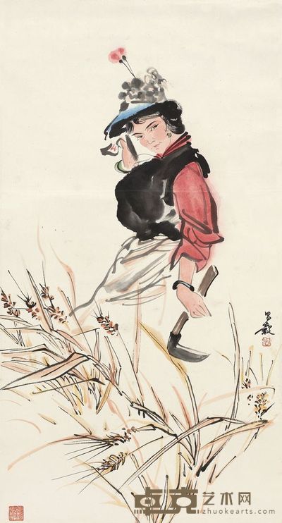 周昌谷 藏民割稻 立轴 66×35cm