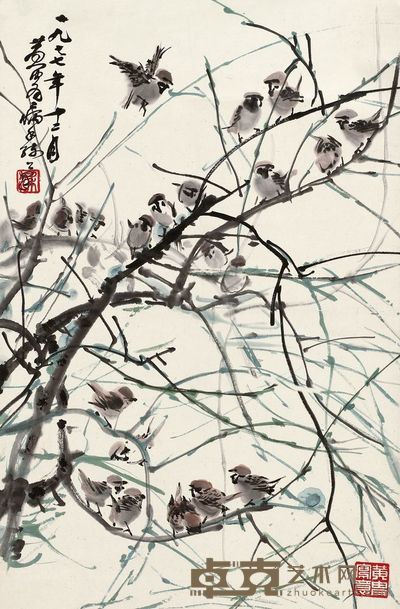 黄冑 1977年作 窗外麻雀 立轴 69×45cm