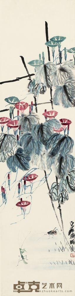 齐白石 牵牛秋虫 镜片 117.5×29.5cm