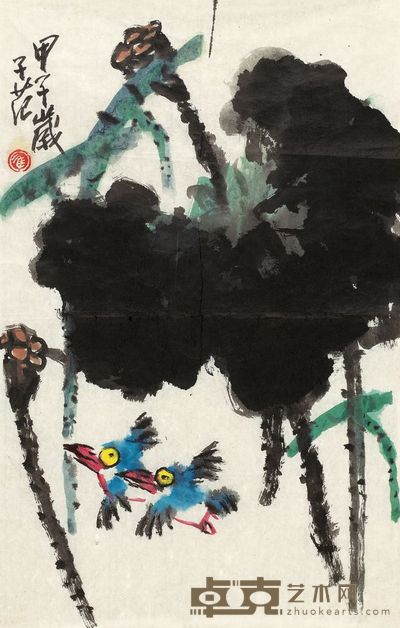 崔子范 1984年作 荷塘翠鸟 镜片 68×43cm