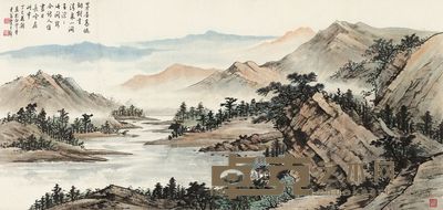 黄君璧 1977年作 茅屋烟树清泉涧 镜片 57.5×120cm