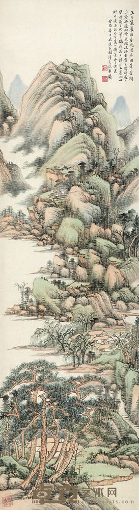 张石园 1933年作 岩滩春晓图 镜框 145×38.5cm
