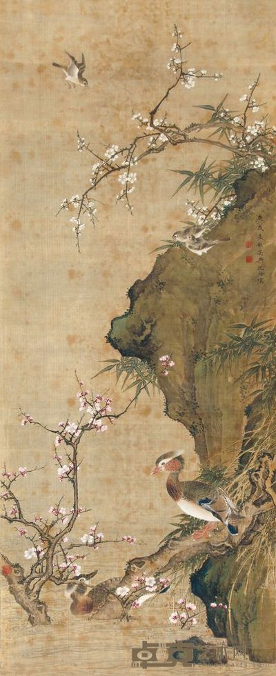沈铨 1730年作 桃花双凫 立轴 128×53.5cm