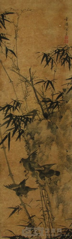 张敔 竹石八哥 设色纸本 立轴 165×50CM