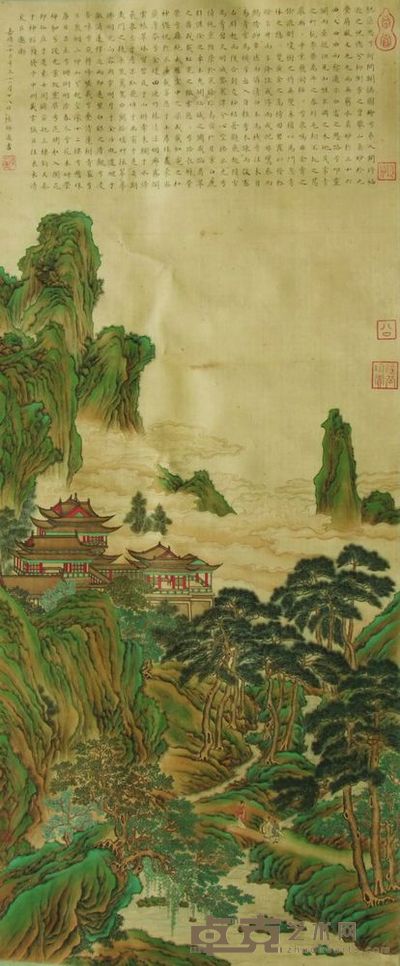 仇英 山水 设色绢本 镜片 87×36