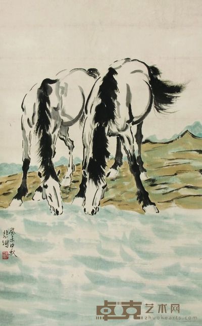 徐悲鸿 双骏图 设色纸本 立轴 90×56CM