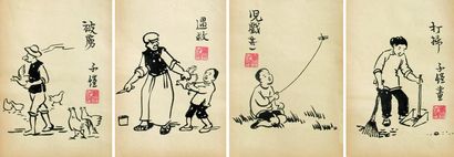 丰子恺 人物水墨 纸本册页 连框