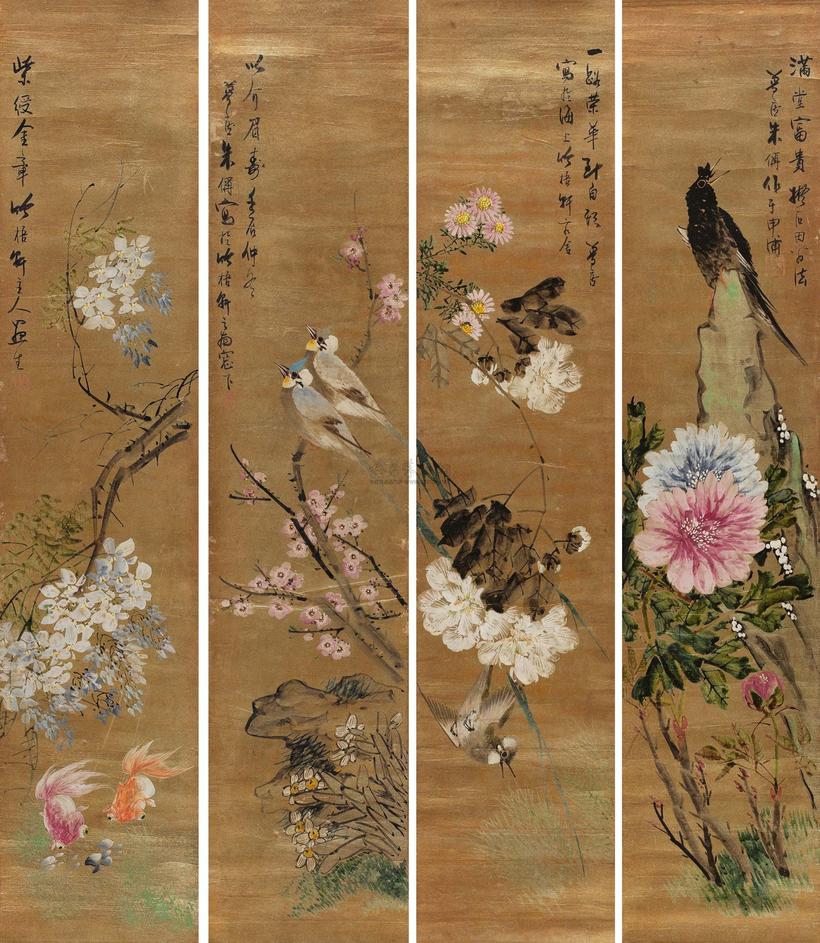 朱偁 壬辰（1892年）作 花鸟 四屏