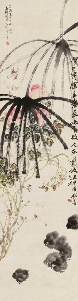 齐白石 邵逸轩 丁卯（1927年）作 月季小鸡 镜心