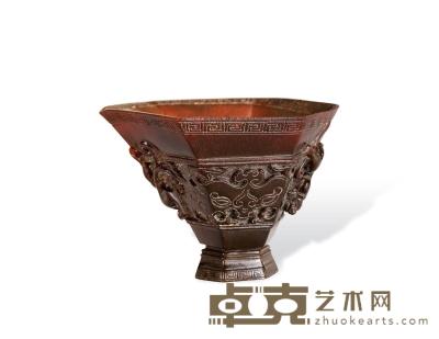 清 六方螭龙犀角杯 7.5×7.5×6cm