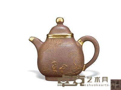 清早期 四方描金泥绘山水人物纹壶 长15.5cm