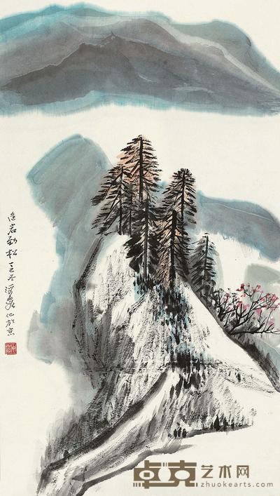 何海霞 1977年作 危岩劲松 镜心 62×35cm