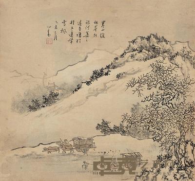 溥儒 1955年作 寒山行旅 镜框 25×27cm