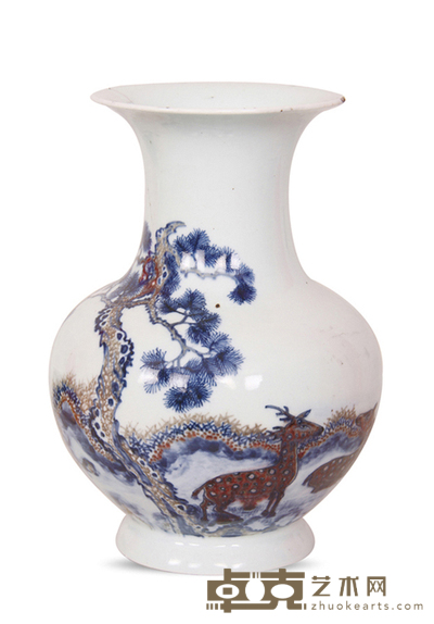 清 青花釉里红松鹿纹瓶 高:23.5cm