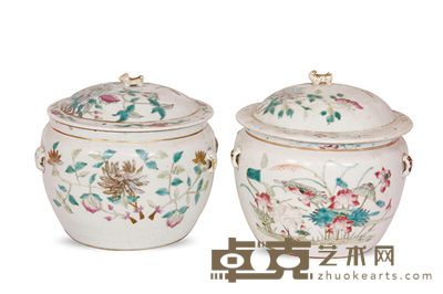 光绪 粉彩花鸟纹粥罐一对 高:18cm
