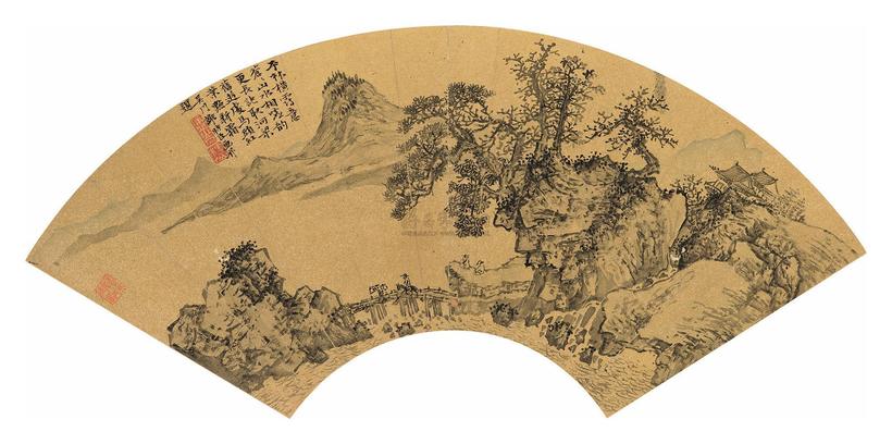 谢时臣 明 平林横渡 扇面镜框