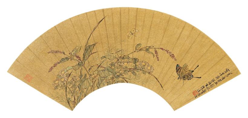 陈遵 1613年作 粉蝶 扇面镜框
