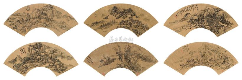 四王吴恽 王时敏 王鉴 王翚 王原祁 吴历 恽寿平 1658年作、1680年作 山水扇面 水墨金笺、水墨金笺、浅设色金笺、设色金笺、水墨金笺、水墨金笺