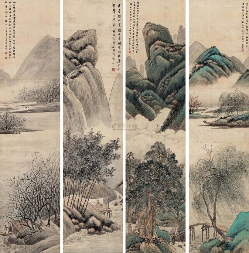 吴榖祥 乙亥（1899年）作 山水 四屏
