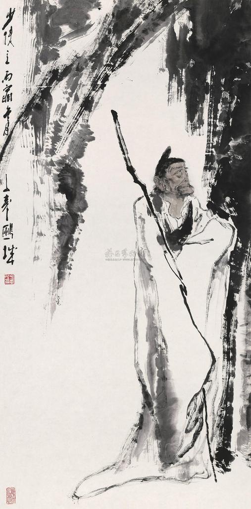 王子武 丙寅（1986年）作 少陵立雨 立轴