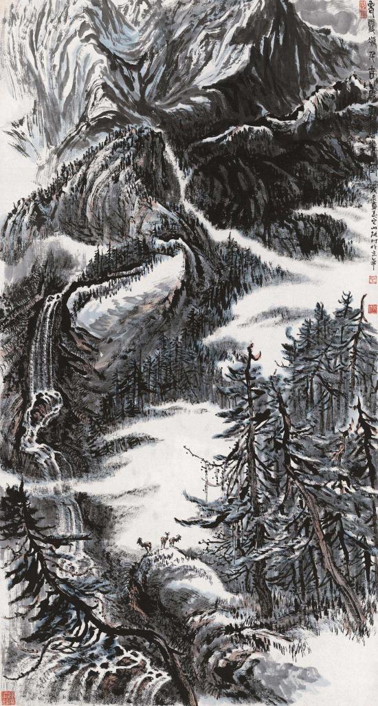 张仃 戊辰（1988年）作 雪岭积云 镜心