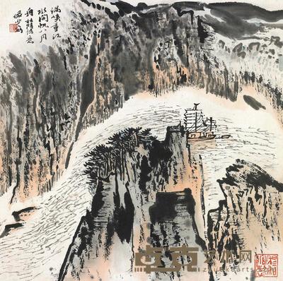 陆俨少 一帆风顺 镜片 35×34.5cm