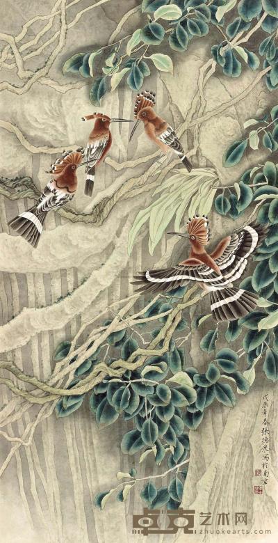 张德泉 工笔花鸟 镜片 130×67cm