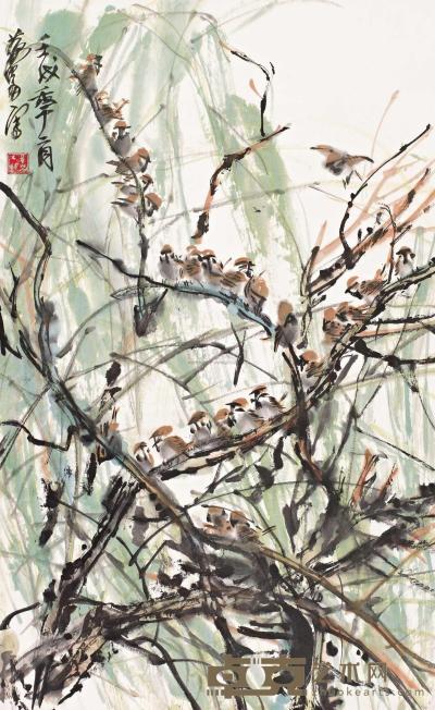 黄胄 壬戌（1982）年作 柳枝群雀 镜心 83.5×51.2cm