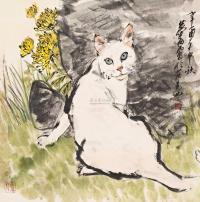 黄胄 辛酉（1981）年作 丛菊白猫 镜心