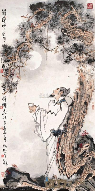 郑乃珖 壬戌（1982）年作 明月孤松 镜心 137.5×68.5cm
