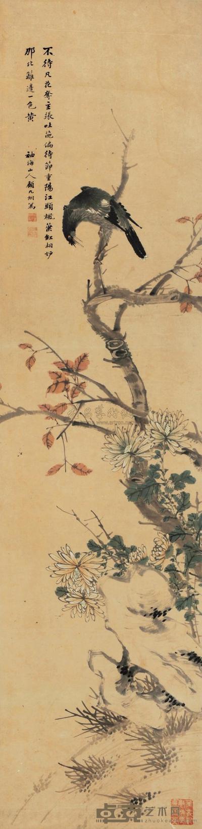 顾九烟 红枫黄菊 立轴 131.5×32cm