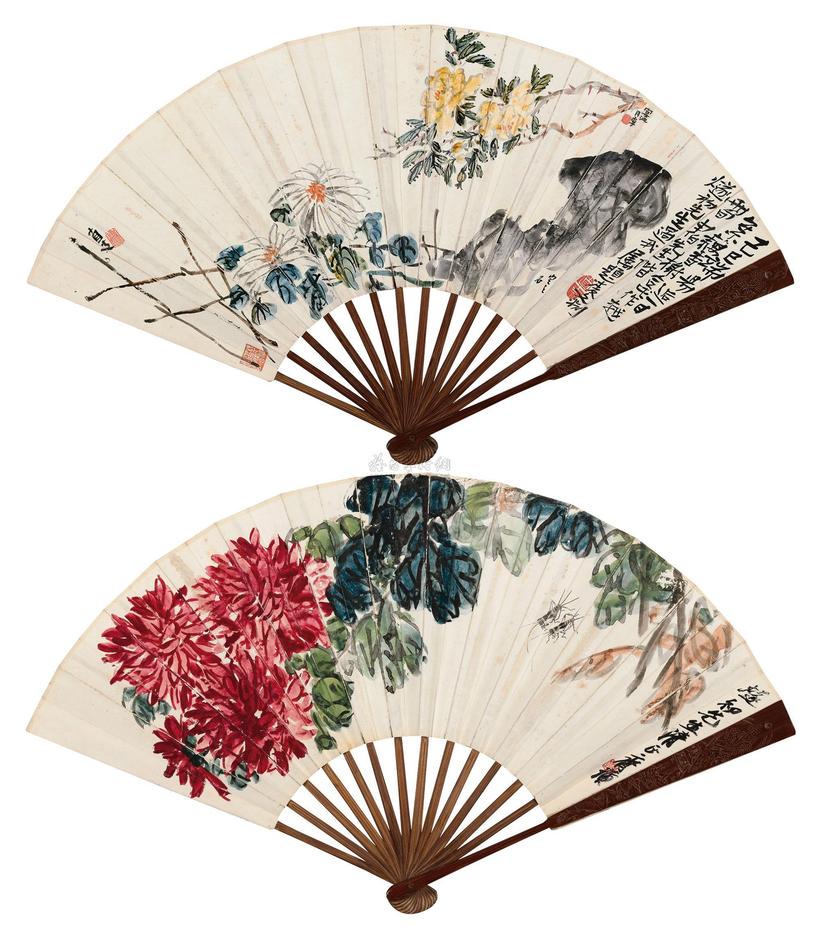 齐白石 凌文渊 菊花草虫 菊石图 成扇