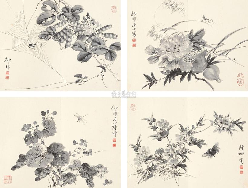 陆抑非 1945年作 花卉册 册页 （八开）