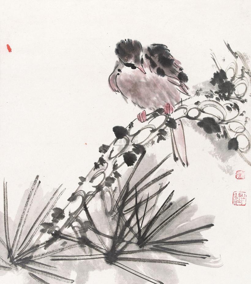 陈子庄 松针小鸟 镜心