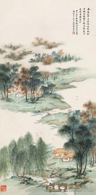 俞子才 癸未（1943）年作 湖庄清夏 立轴 93×47cm