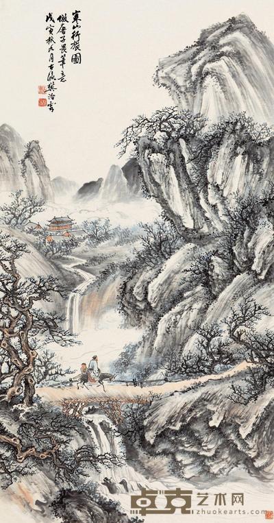 樊浩霖 戊寅(1938)年作 寒山行旅 立轴 147×78cm