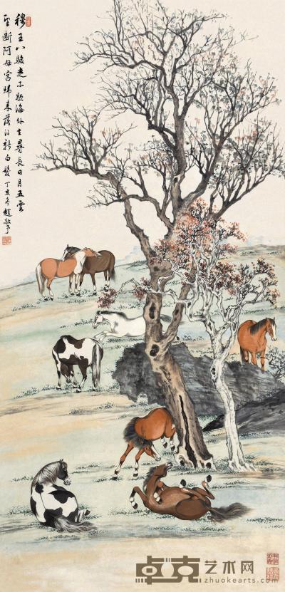 赵敬予 丁亥（1947）年作 八骏图 立轴 128.5×64cm