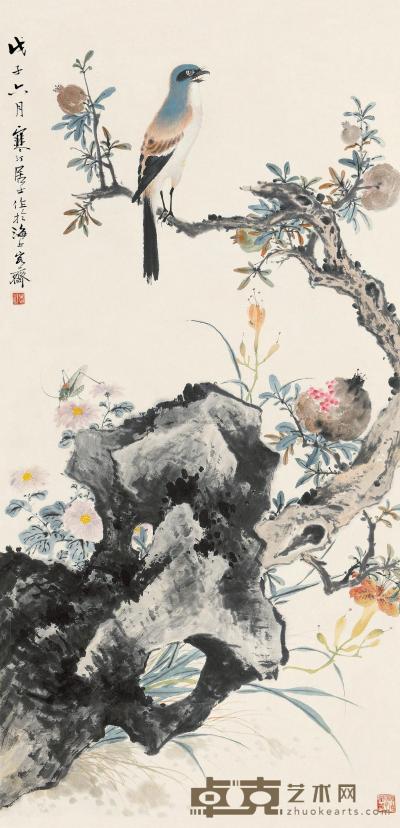 江寒汀 戊子（1948）年作 秋光禽鸣 屏轴 103.5×51.5cm