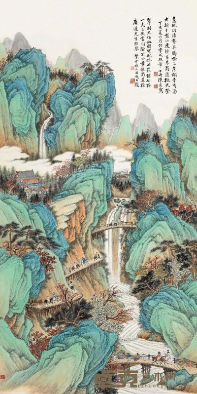 陈达 丁亥（1947）年作 青绿山水 立轴 136.5×68.5cm