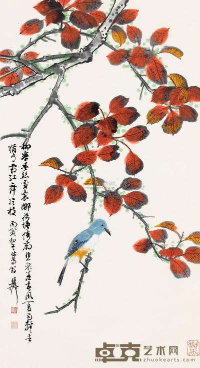 谢稚柳 丙寅（1986）年作 霜红冷枝 镜框 86×47cm