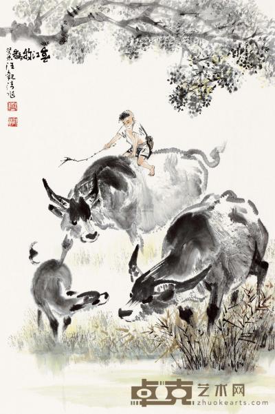 汪观清 癸未（2003）年作 春江牧趣 镜片 68×45cm